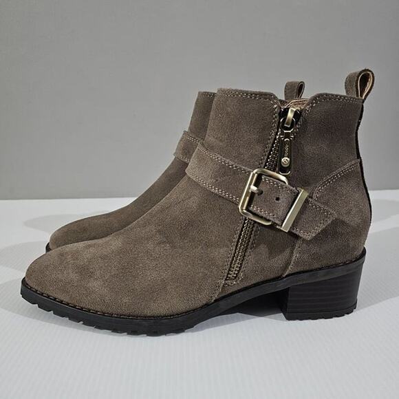 NEW Blondo Susan Zip Ankle Bootie Womens 7.5 Dark Taupe Suede Waterproof Moto - Picture 1 of 12